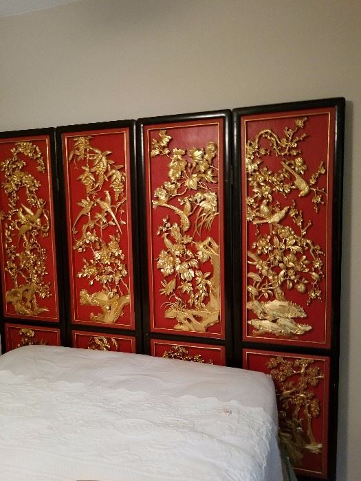 Gorgeous chinese or japanese red lacquer screen with gold birds, trees, etc.