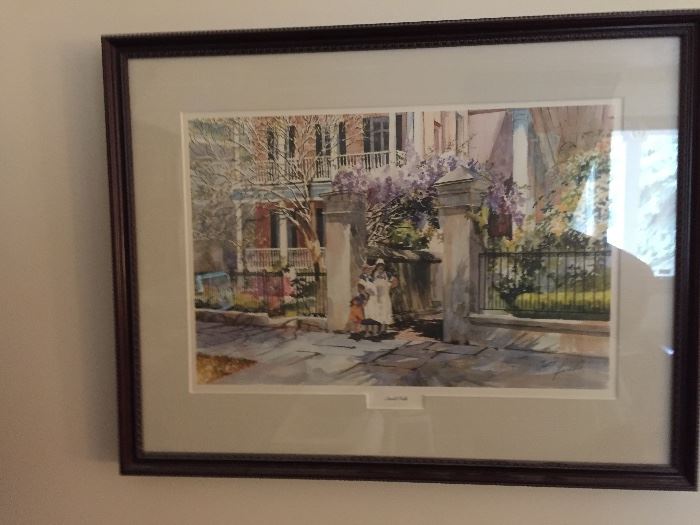 One of three framed watercolor prints of Savannah Georgia.