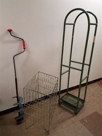 Vintage ice auger, retail wire bin, rolling rack