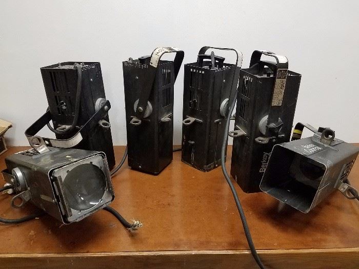 Six stage/theater lights. Only one works, but all need to be rewired. 500W mini ellipsoidals.