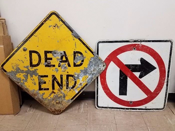 Authentic road signs. The vintage Dead End sign with an amazing patina is actually hand-painted, came from Douglas County and has bullet holes. 