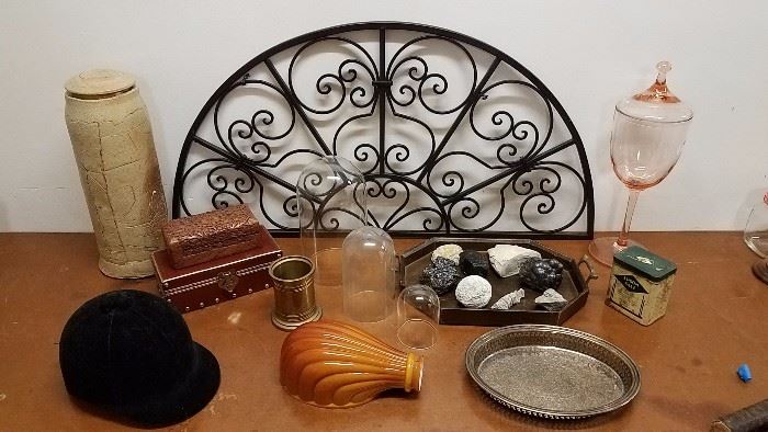 Pottery, rocks and fossils, cloches, authentic velvet English riding hat, glass lamp shade and more