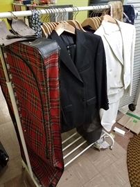 Plaid garment bag, antique spats with functional button holes (gray, upper left), and two tuxes--the white one with tails (linen-like finish). Either 38 or 40 chest.