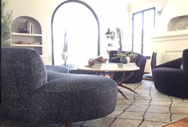Kagan Nautilus Chairs in Purple wool, Kidney Shaped Couch in velvet pebbled upholstery, rugs, coffee table