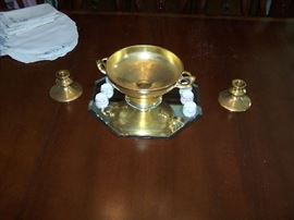 GOLD ENCRUSTED CONSOLE BOWL & CANDLESTICKS