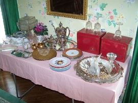 "GROSVENOR" COFFEE SET, PLATED TRAYS, WATERFORD STEMS & MORE