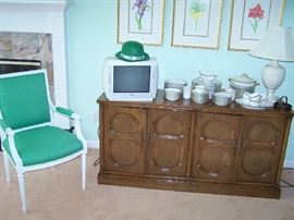 DIXON SERVER, SMALL TV, GOLD & WHITE BAVARIAN CHINA & LAMP, THE OTHER GREEN ARMCHAIR