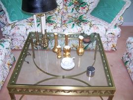 BRASS & GLASS COFFEE TABLE, STEIFFEL LAMP & SMALLS