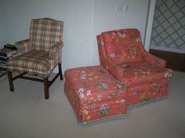 BRUCE ROBERTS INTERIORS CORAL CHAIR & OTTOMAN & PLAID PULL-UP CHAIR