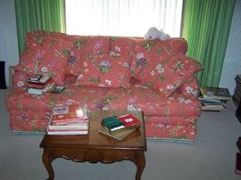 BRUCE ROBERTS INTERIORS CORAL SETTEE & SMALL TABLE