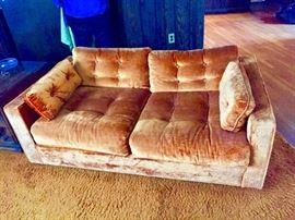 This velvet sofa is in great condition and a bright rusty orange in person. Pictures do not do it justice! 