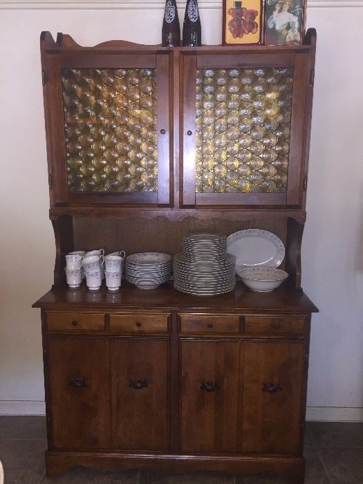 China Hutch - good condition. Also pictured is 12-piece place setting of Dynasty fine china (Rhapsody)