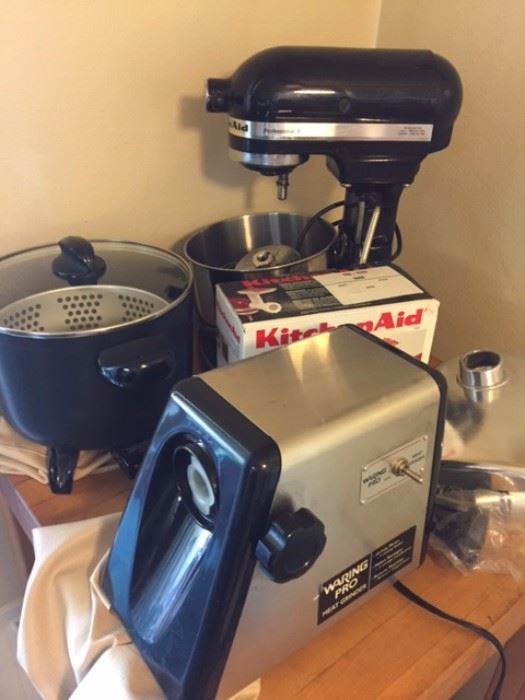 Waring Pro Meat Grinder #MG100, Presto Kitchen Kettle Multi Cooker/Steamer, Kitchenaid Pro 5 and Food Grinder Attachment (never been opened)