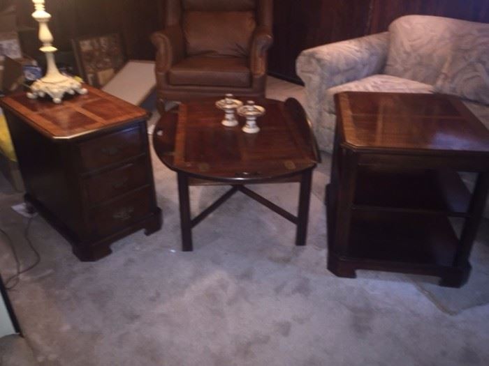 Matching hard wood trio of tables. Prefer to be sold as set or may be sold individually.