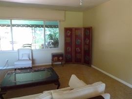 Oriental three panel screen with matching chest