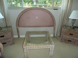 Nicer picture of the wicker headboard and wicker coffee table