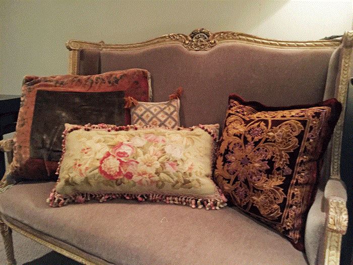 19th Century sofa with grey mohair, designer down pillows