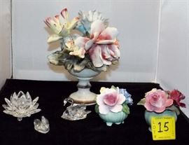  Lot of 6 pieces of collectible Capodimonte, Swarovski Crystal Figurines and Royal Malvern Vases with Flowers.