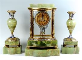 Beautiful Champleve, Bronze & Onyx Clock Garniture