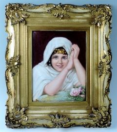 Large Hand Painted Limoges Plaque Orientalist Portrait of a young girl
