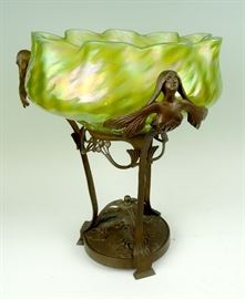 Large Loetz style bowl in Bronze Art Nouveau holder