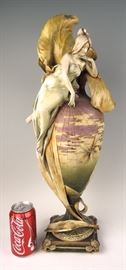 Huge Amphora Art Nouveau Lady w/Dragonflies Vase