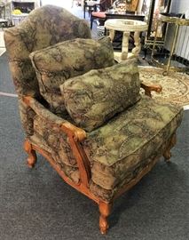 Old world map upholstered bergere chair
