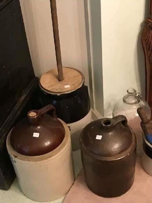 Antique butter churn and jugs