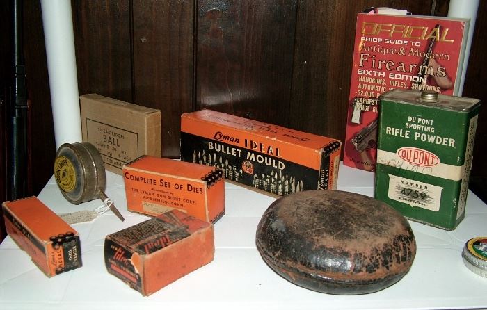 Various Lyman Bullett mould, resizer. American Can antique black powder quick loader