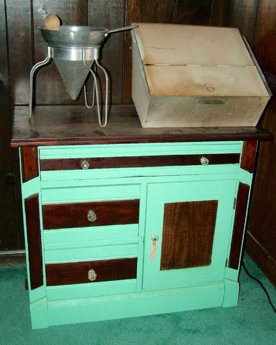 Washstand,Antique Walnut. Hoosier cabinet flour sifter, Potato ricer w wood grinder