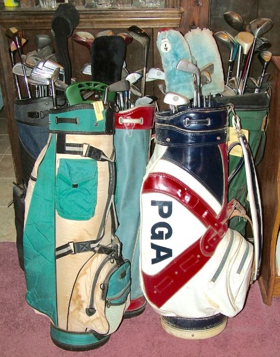 Barrel Full Callaway, Taylor, Ping, Wilson, Spalding & many other New to vintage clubs & 7 various Golf bags