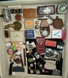 Griswold ashtray, Vintage cig tins, beaded purse, sterling necklaces,Camel brass ashtray, Black powder quick loader, Vintage movie star buttons.......
