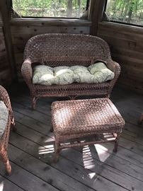 OUTDOOR FURNISHINGS-WICKER LOVE-SEAT, TABLE AND CHAIRS 