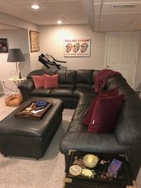 GENUINE GREY LEATHER SECTIONAL WITH LARGE OTTOMAN