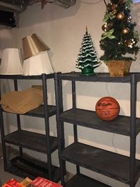 HOLIDAY DECORATIONS AND PLASTIC SHELVING UNITS
