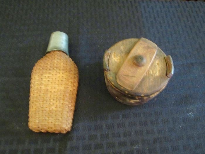 Antique wicker covered bottle - "Picnic bottle" and snuff box