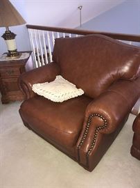 ITALIAN LEATHER JAMES COGNAC CHAIR AND OTTOMAN