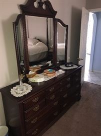 CHERRY WOOD LONG DRESSER WITH FOLDING MIRROR