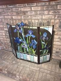 STAINED LEAD GLASS 3 PANEL IRIS FIREPLACE SCREEN- TWO AVAILABLE