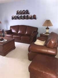 ITALIAN LEATHER JAMES COGNAC SOFA, CHAIR AND OTTOMAN