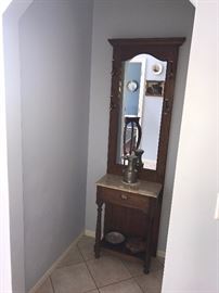 ANTIQUE HALL TREE WITH MARBLE TOP AND MIRROR