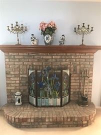 STAINED LEAD GLASS 3 PANEL IRIS FIREPLACE SCREEN- TWO AVAILABLE
