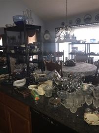 TONS OF KITCHENWARE, GLASSWARE, COOPER POTS, SILVERWARE, CHINA SETS, COOKWARE, BAKEWARE AND SMALL APPLIANCES