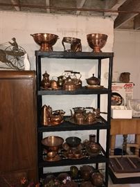 TONS OF COOPER BAKEWARE, POTS, PANS, TEAPOTS, BOWLS AND MORE