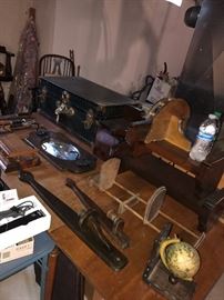 ANTIQUE TRUNK, BOOKENDS AND OTHER COLLECTIBLES
