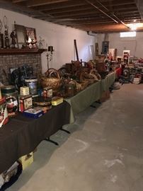 BASEMENT PACKED FULL OF ANTIQUES, COLLECTIBLES, LAMPS, STONEWARE JUGS, COLLECTIBLE PLATES, FURNITURE, STAINED GLASS LEAD GLASS DOORS, FIREPLACE SCREENS, BASKETS, CHRISTMAS DECOR', HALLOWEEN AND HOLIDAY DECOR'