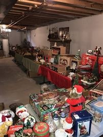 TONS OF CHRISTMAS DECORATIONS, VINTAGE ORNAMENTS, NATIVITY SET, LOTS OF ANIMATED CHRISTMAS FIGURES LIGHTS, ORNAMENTS, CHRISTMAS GARLAND