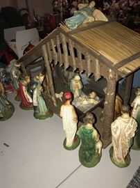 TONS OF CHRISTMAS DECORATIONS, VINTAGE ORNAMENTS, NATIVITY SET, LOTS OF ANIMATED CHRISTMAS FIGURES LIGHTS, ORNAMENTS, CHRISTMAS GARLAND