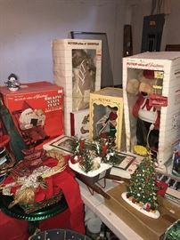 TONS OF CHRISTMAS DECORATIONS, VINTAGE ORNAMENTS, NATIVITY SET, LOTS OF ANIMATED CHRISTMAS FIGURES LIGHTS, ORNAMENTS, CHRISTMAS GARLAND