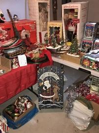 TONS OF CHRISTMAS DECORATIONS, VINTAGE ORNAMENTS, NATIVITY SET, LOTS OF ANIMATED CHRISTMAS FIGURES LIGHTS, ORNAMENTS, CHRISTMAS GARLAND